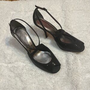 Nina OLYMPIA Women Shoes Black FAILLE Sequin Open Toe T-Strap High Heels Sz 10M